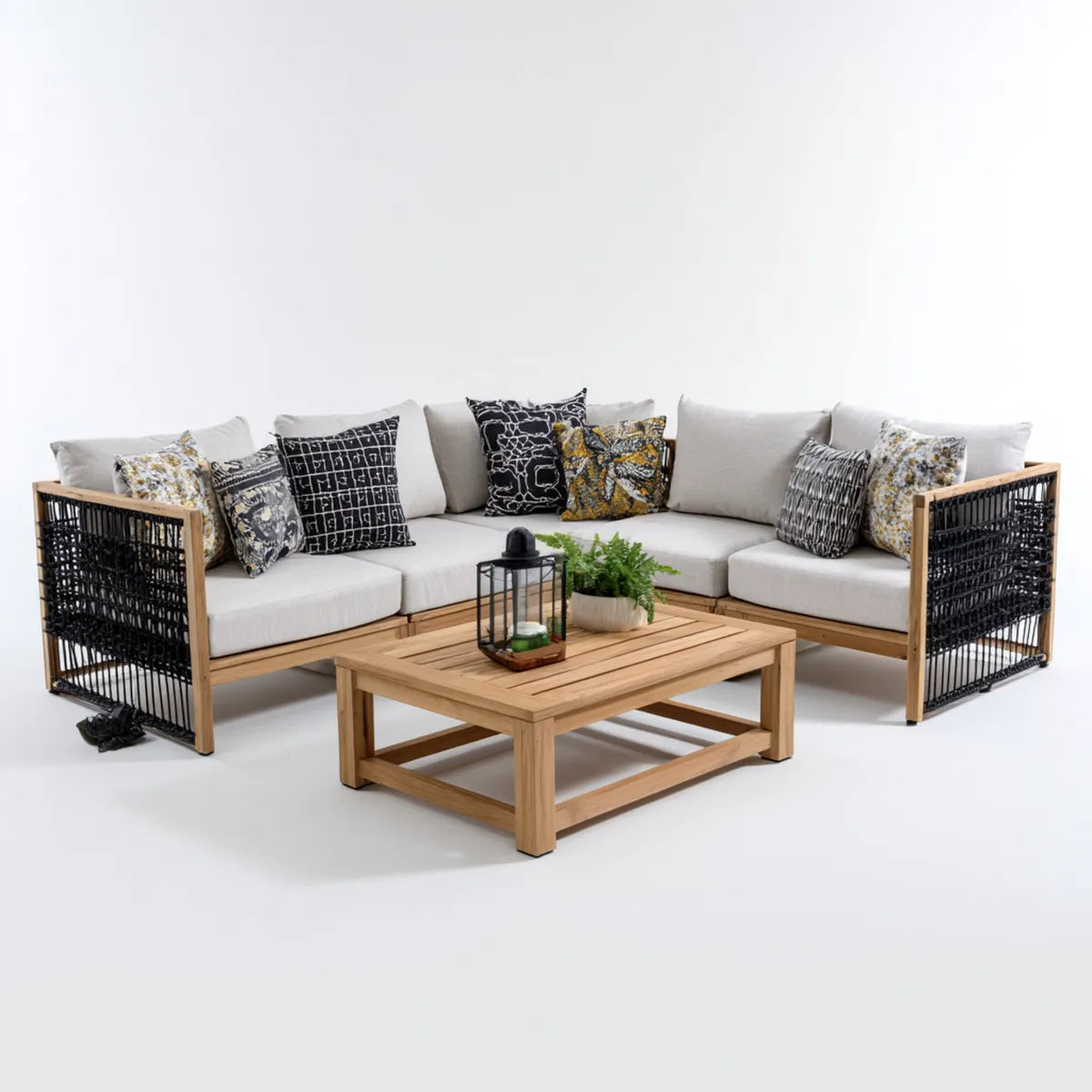 Sofa ogrodowa, Taras loungeset narożna sofa naturalna czarna ze stołem kawowym z litego drewna acacia i PE warkocz linowy kształt litery 240 x 240 x 75 cm