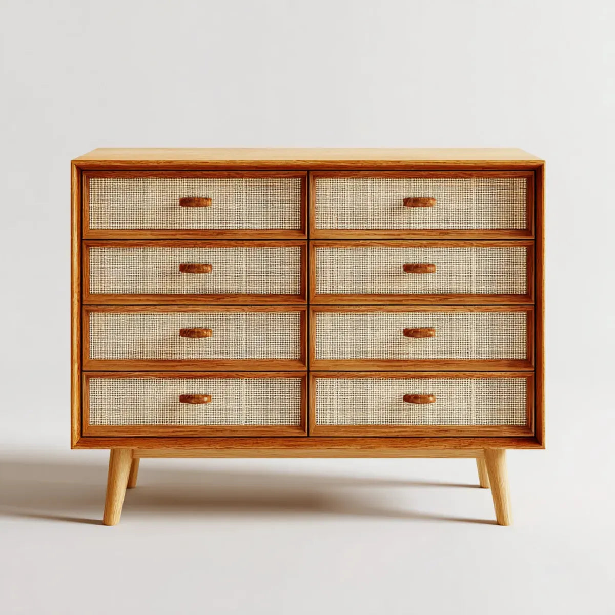 Komoda, Wygoda 8 szuflady naturalne brązowe 120 x 40 x 95 cm w litym drewnie i prostokątne puszki