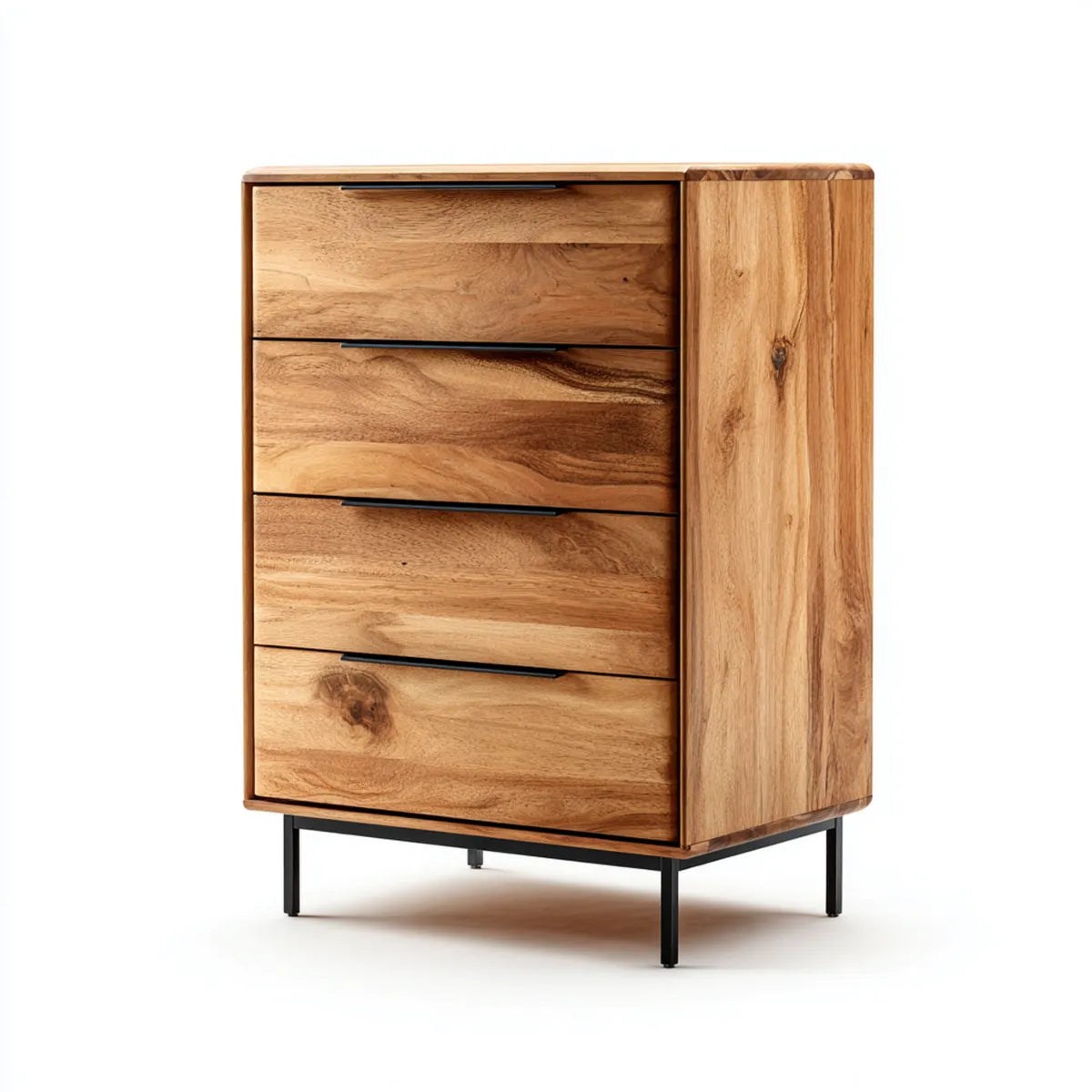 Komoda, Kommode z 4 szufladami Acacia drewno przyroda czarny 80 x 40 x 110 cm prostokątna