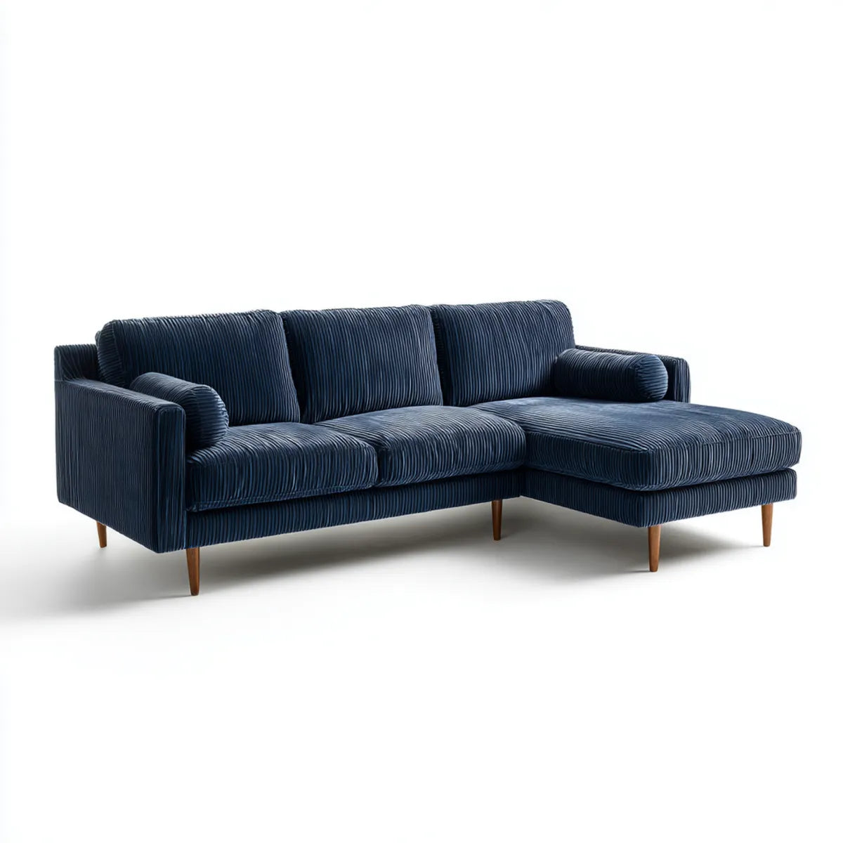 Sofa, Kanapa narożna z rekamierem po prawej ciemnoniebieskiej 240 x 160 cm poliestrowej taśmy 3-osobowa kształt L