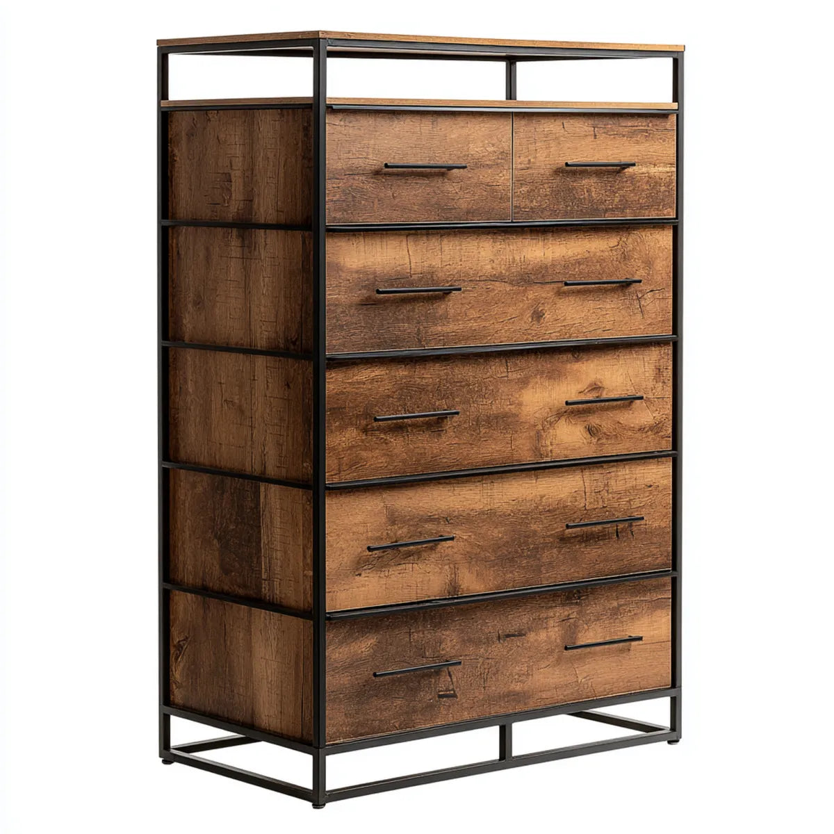 Komoda, Kommode 6 szuflady brązowy rustykalny i czarny 80 x 40 x 120 cm w elementach i prostokątnej stali