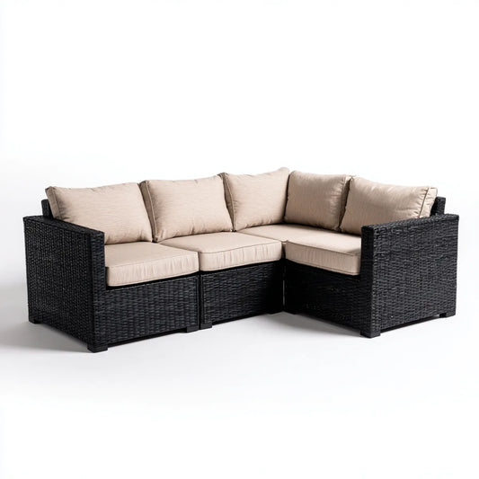 Sofa ogrodowa, Czarna i beżowy ogród narożnik sofa zestaw 225 x 150 x 65 cm w PE rattan kształt L
