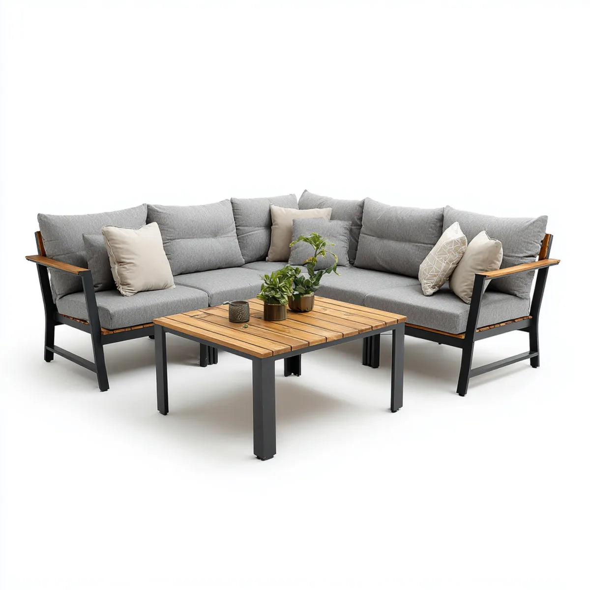 Sofa ogrodowa, Zestaw narożnik ogrodowy 3 kawałki szary i czarny w stali i drewna acacia z tabeli 220 x 220 cm