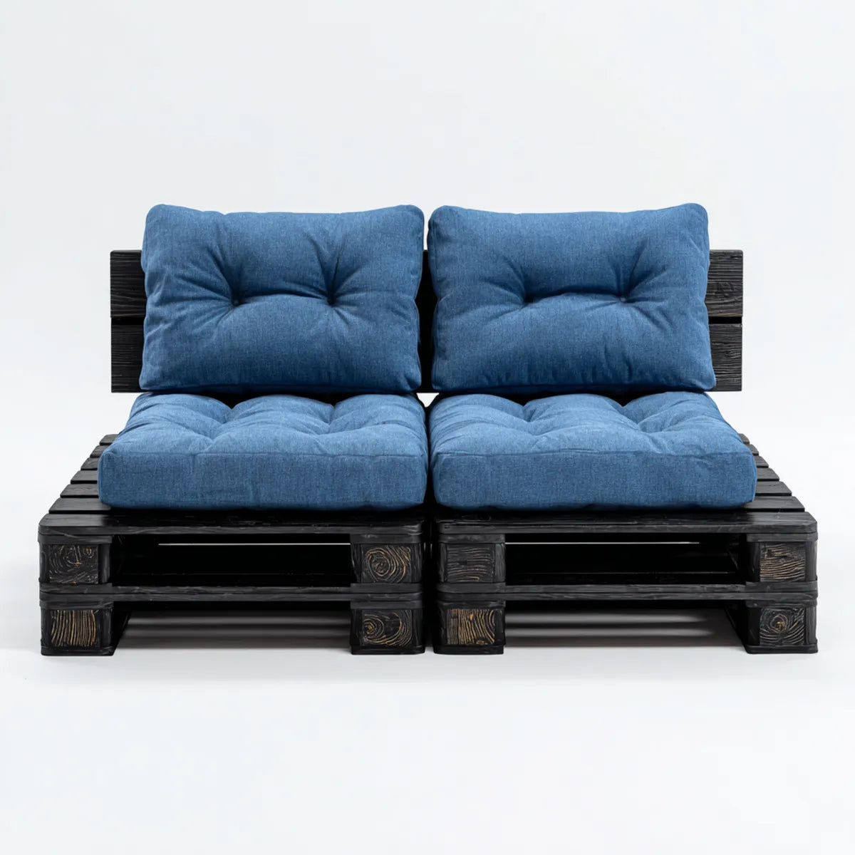 Sofa ogrodowa, Tapczan ogrodowy 2 niebieskie siedzenia 120 x 80 x 55 cm w prostokątnej sosnie stałej z poduszkami