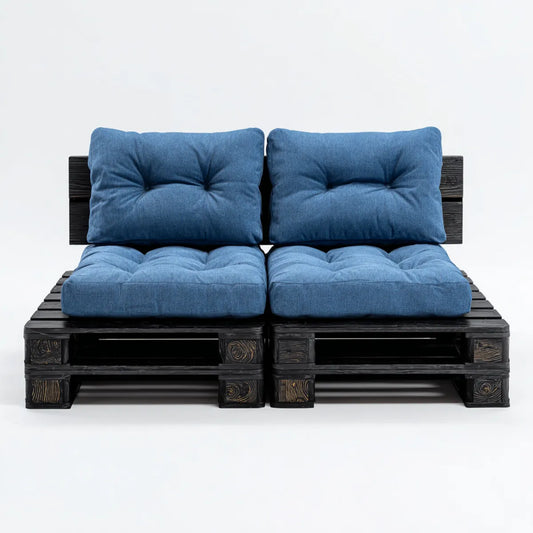 Sofa ogrodowa, Tapczan ogrodowy 2 niebieskie siedzenia 120 x 80 x 55 cm w prostokątnej sosnie stałej z poduszkami