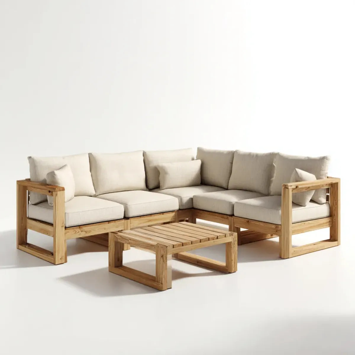Sofa ogrodowa, Zestaw kątowej sofy ogrodowej 5 beżowych foteli w litym drewnie z drewna akacjowego ze stołem 225 x 225 cm