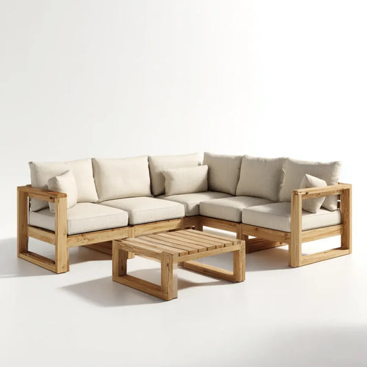 Sofa ogrodowa, Zestaw kątowej sofy ogrodowej 5 beżowych foteli w litym drewnie z drewna akacjowego ze stołem 225 x 225 cm