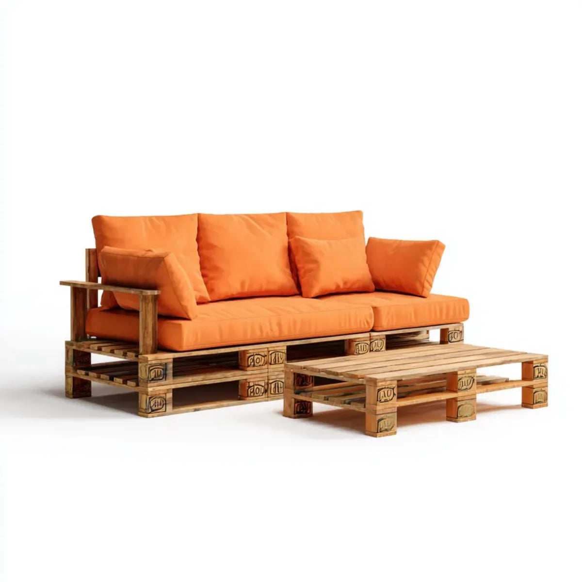 Sofa ogrodowa, Zestaw sofy ogrodowej 3 fotele z pomarańczowym prostokątnym stołem w sosnie litej 220 x 80 x 75 cm i 120 x 60 x 30 cm
