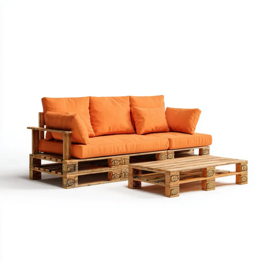 Sofa ogrodowa, Zestaw sofy ogrodowej 3 fotele z pomarańczowym prostokątnym stołem w sosnie litej 220 x 80 x 75 cm i 120 x 60 x 30 cm