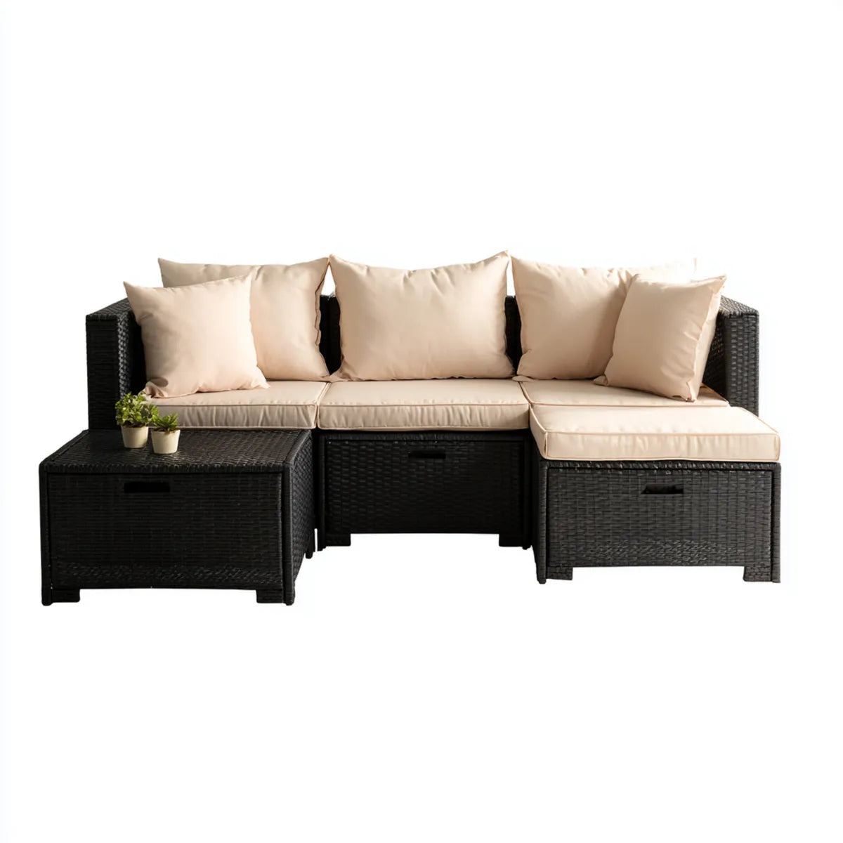 Sofa ogrodowa, Zestaw czarny modułowa kanapa ogrodowa z beżowymi poduszkami 240 x 60 x 63 cm w rattanie PE i prostokątnej stali