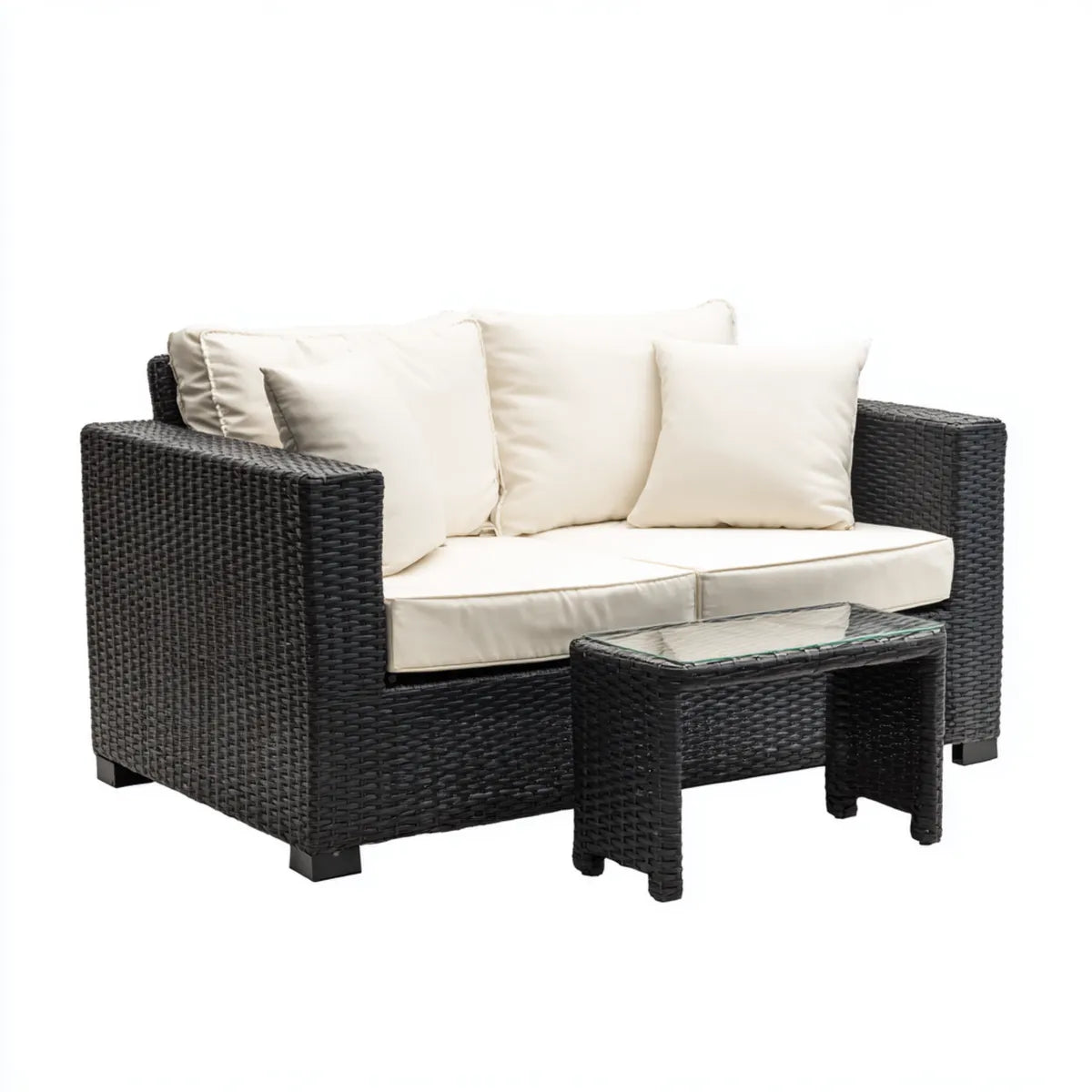 Sofa ogrodowa, Taras sofa 2-seater zestaw czarny krem 128 x 75 x 80 cm PE rattan prostokątna