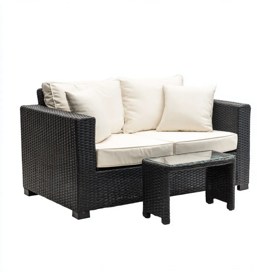Sofa ogrodowa, Taras sofa 2-seater zestaw czarny krem 128 x 75 x 80 cm PE rattan prostokątna