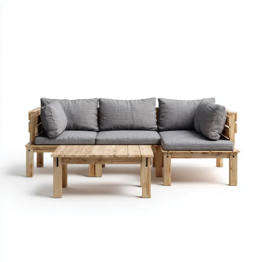 Sofa ogrodowa, Taras salon zestaw szary kształt litery L narożna kanapa z stolik kawowy z sosen 220 x 140 x 75 cm