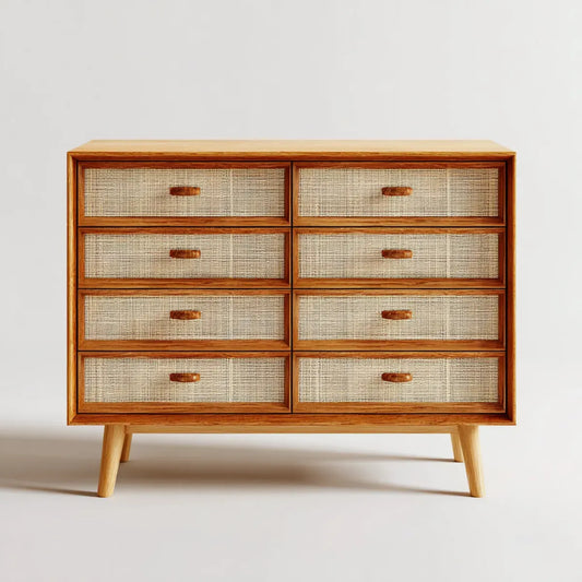 Komoda, Wygoda 8 szuflady naturalne brązowe 120 x 40 x 95 cm w litym drewnie i prostokątne puszki