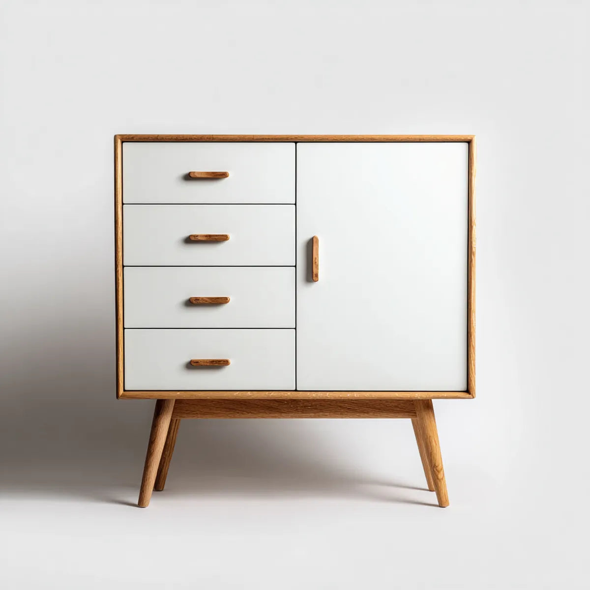 Komoda, Kommode z drzwiami i 4 szuflady biały i dąb 100 x 40 x 110 cm, lakierowane MDF i stały dąb prostokątna