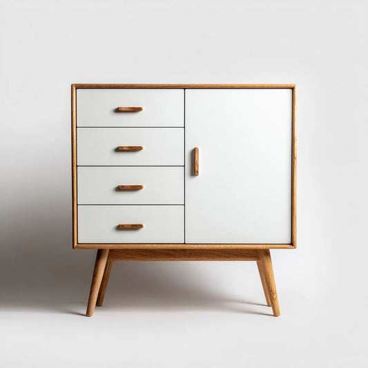 Komoda, Kommode z drzwiami i 4 szuflady biały i dąb 100 x 40 x 110 cm, lakierowane MDF i stały dąb prostokątna