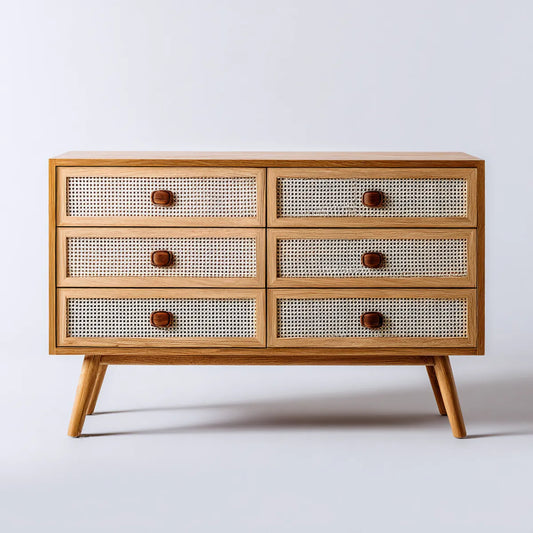 Komoda, Ilość szuflad z 6 szufladami Naturalna brązowy 120 x 40 x 90 cm Dąb naturalny drewno rattan braid prostokątna