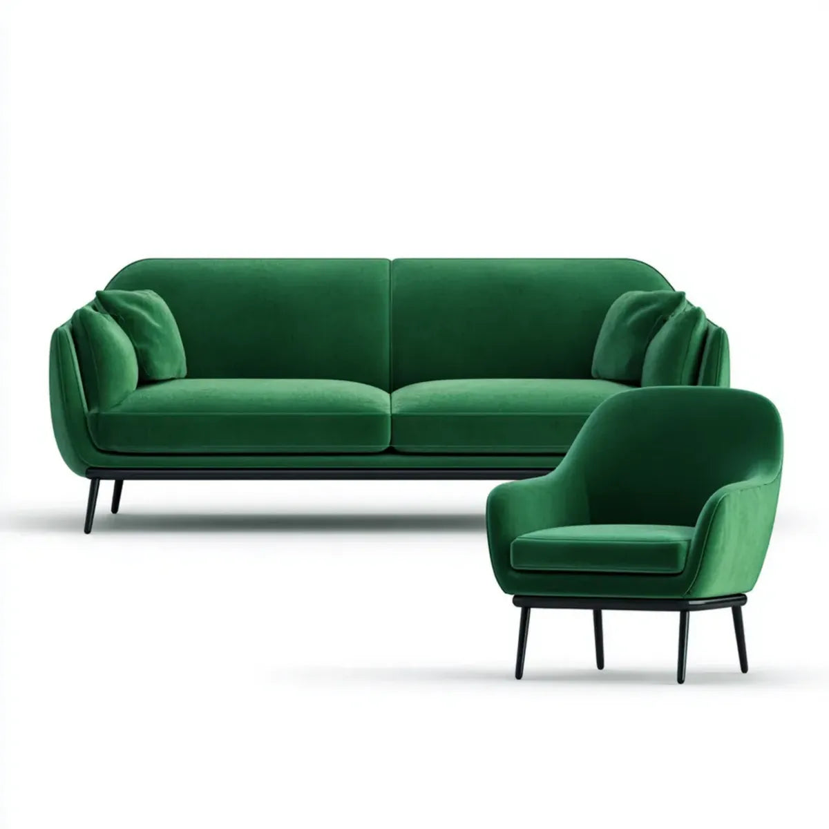Sofa, Zestaw sofy 2-fotelik sofa z fotelem Zielona aksamitna stalowa rama 190 x 85 x 82 cm