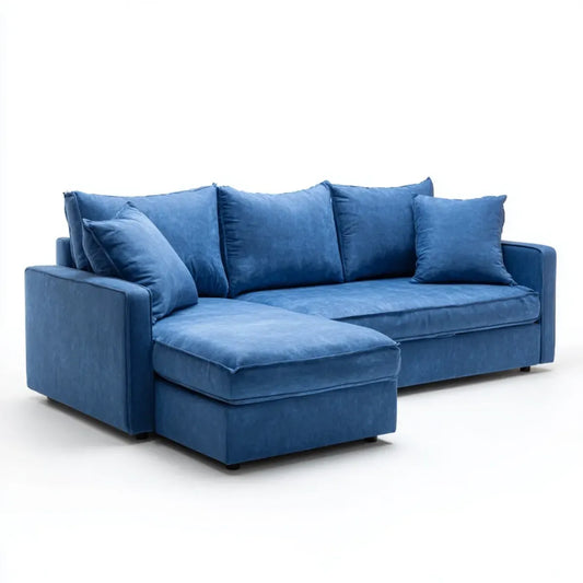 Sofa, Kanapa narożna z niebieskim rekamierem 240 x 160 x 85 cm poliester włącznie prostokątna