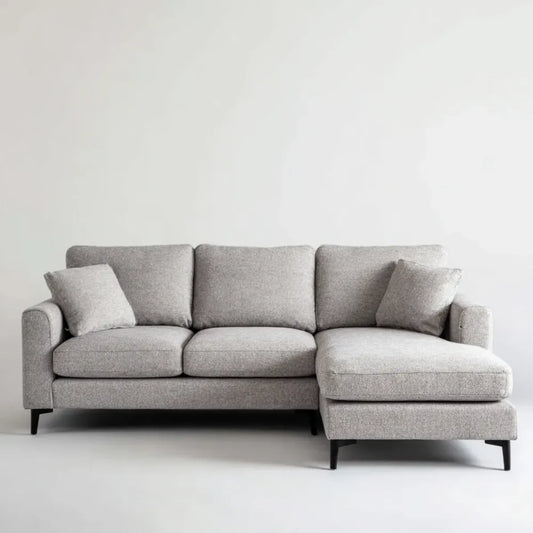 Sofa, narożna kanapa z recyrkulatorem na prawej szarej, prawej stronie, 250 x 160 x 85 cm, poliestrowa poduszka z pianki