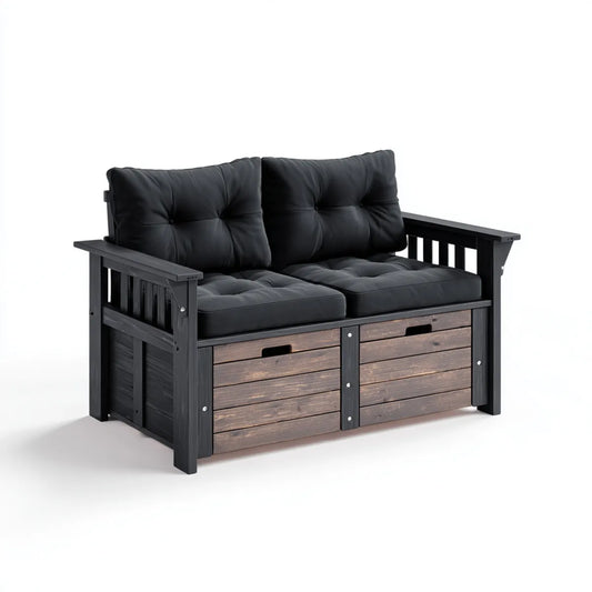 Sofa ogrodowa, 2 czarno-brązowa sofa ogrodowa z magazynem 127 x 66 x 88 cm w litym drewnie