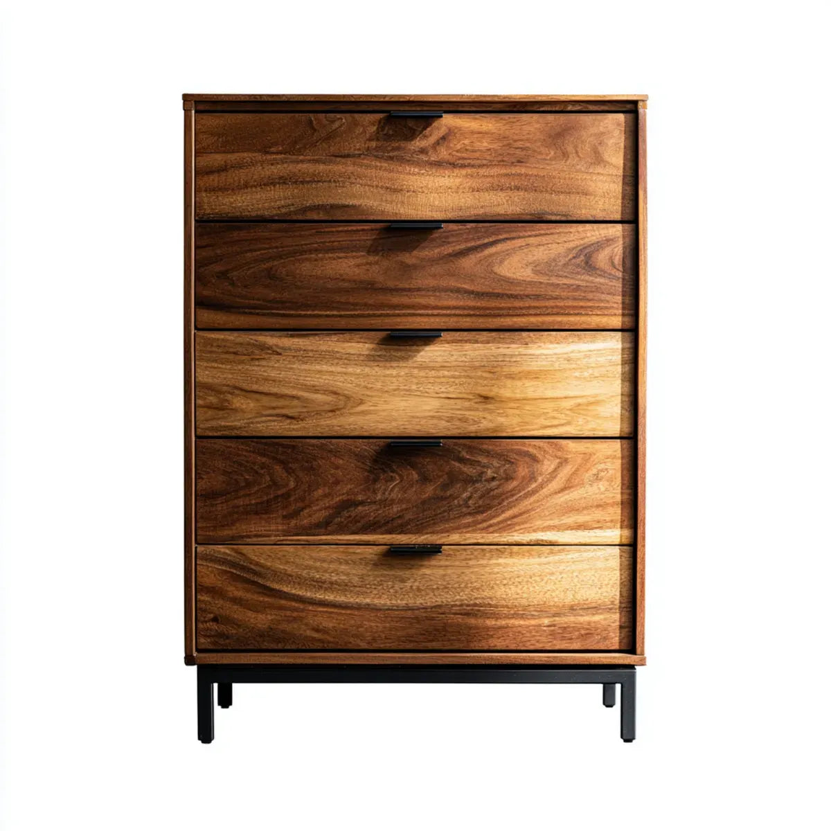 Komoda, Kommode 5 brązowych szuflad w litym drewnie i stali 80 x 40 x 120 cm prostokątne
