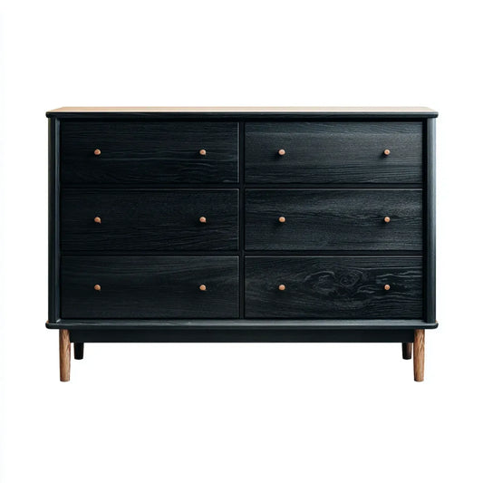 Komoda, Czarne MDF Dąb naturalny- okanizowane 6 szuflady szafki 140 x 45 x 85 cm prostokątne
