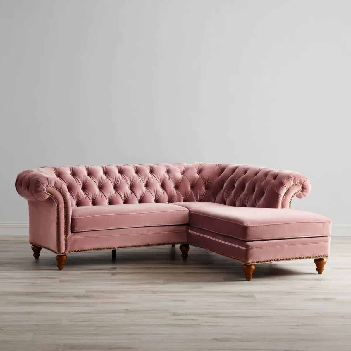 Sofa, Chesterfield narożna sofa z różowym szezlongiem 260 x 165 x 78 cm poliestrowy aksamit kształt litery L
