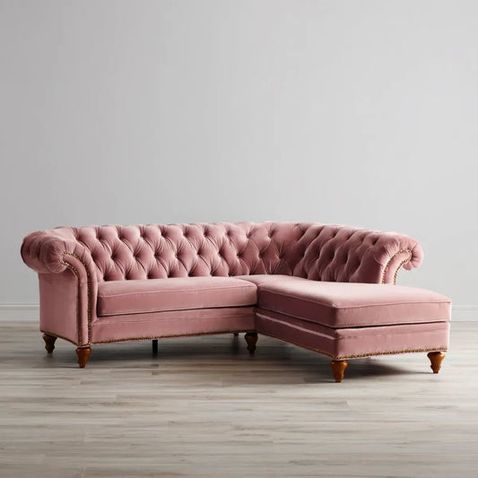 Sofa, Chesterfield narożna sofa z różowym szezlongiem 260 x 165 x 78 cm poliestrowy aksamit kształt litery L