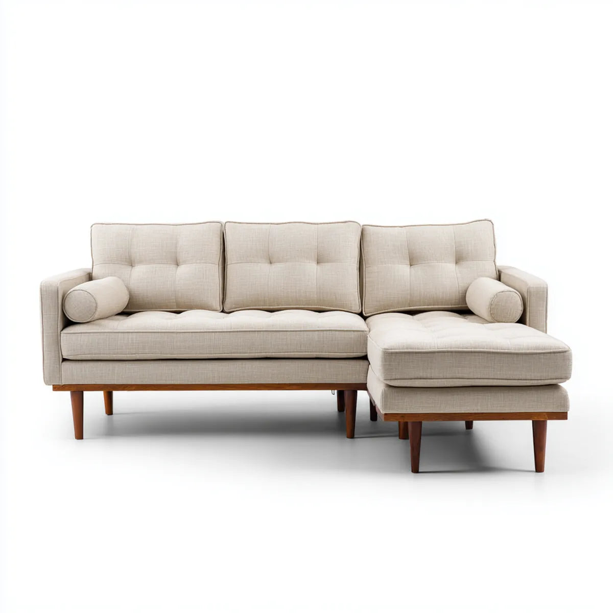 Sofa, Kanapa narożna z powrotem z prawej beżowej 250 x 160 x 85 cm poliestrowego drewna gumowego kształt litery L