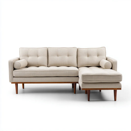 Sofa, Kanapa narożna z powrotem z prawej beżowej 250 x 160 x 85 cm poliestrowego drewna gumowego kształt litery L