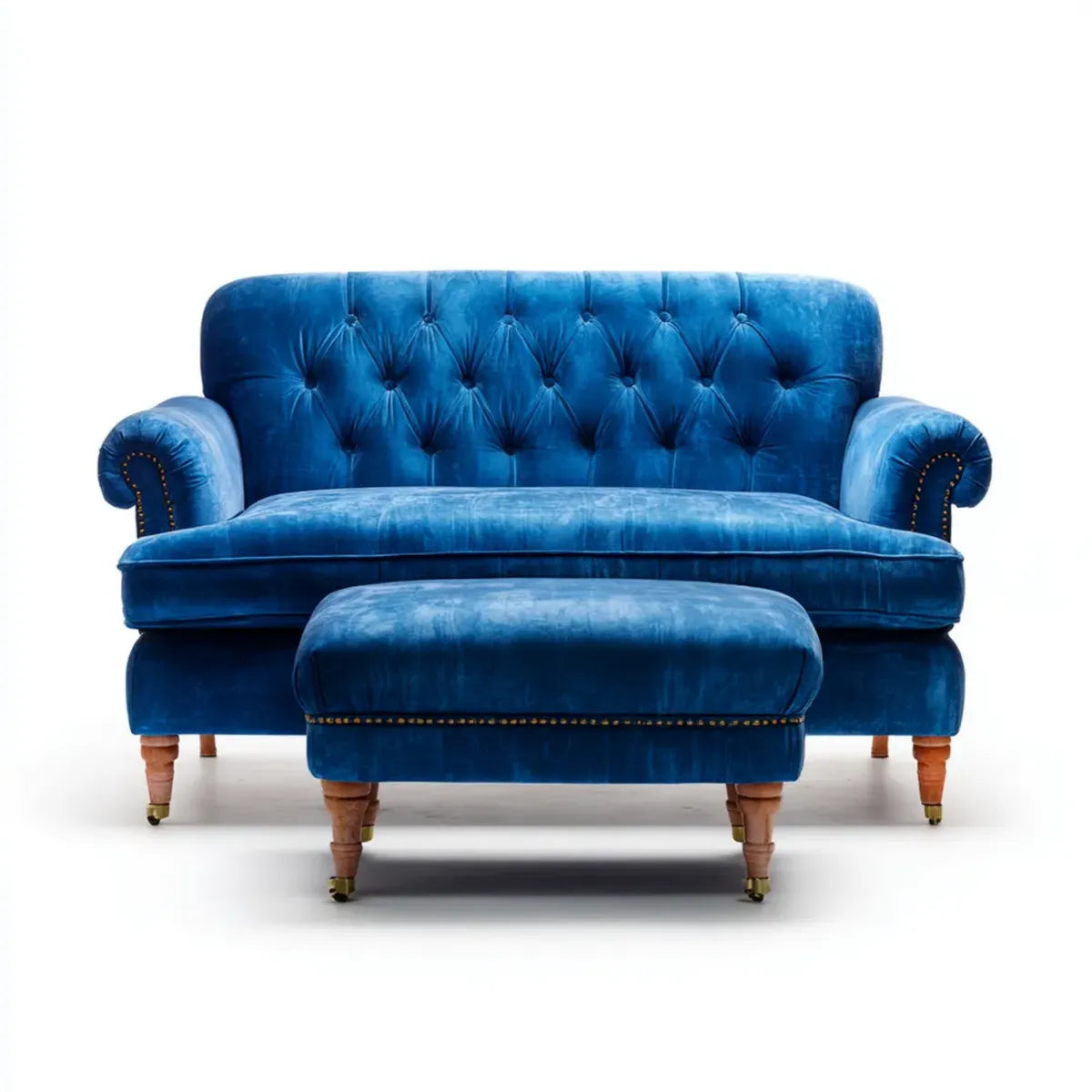 Sofa, Chesterfield 2-kanapa zestaw niebieski z poliestrowego aksamitu z stolcem 170 x 90 x 95 cm