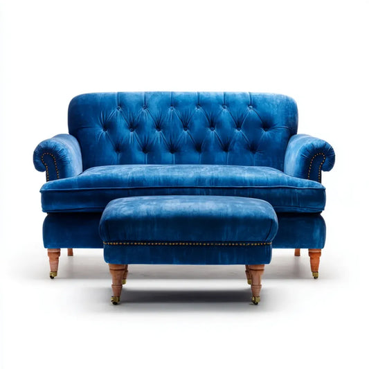 Sofa, Chesterfield 2-kanapa zestaw niebieski z poliestrowego aksamitu z stolcem 170 x 90 x 95 cm