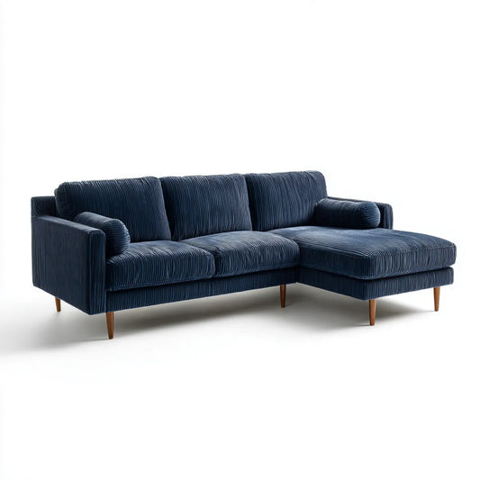 Sofa, Kanapa narożna z rekamierem po prawej ciemnoniebieskiej 240 x 160 cm poliestrowej taśmy 3-osobowa kształt L