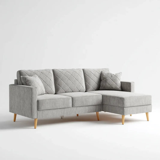 Sofa, Kanapa narożna z jasnoszarym odwiertem 230 x 150 x 85 cm poliestrowa tapicerka aksamitna kształt litery L