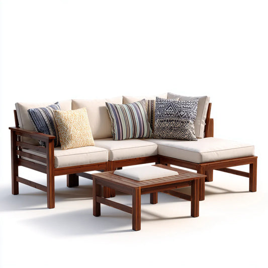 Sofa ogrodowa, Meble ogrodowe 2 miejsca w litej brązowej akacji z poduszek z kości słoniowej i stolik do kawy 220 x 150 cm