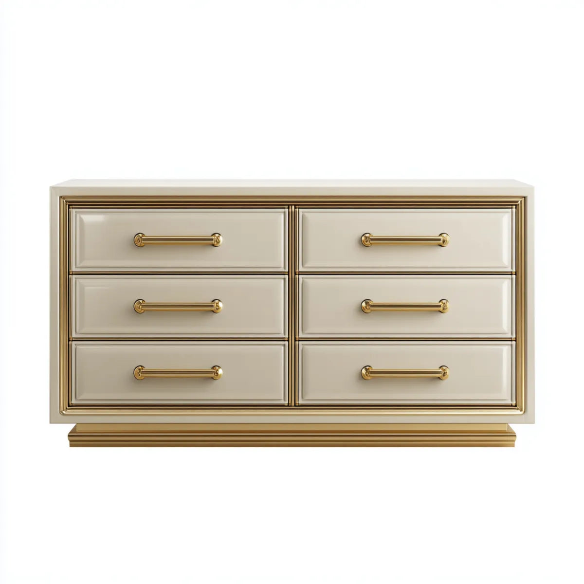 Komoda, Kommode 6 kremowe i złote szuflady w lakierowanych panelach MDF 150 x 45 x 85 cm prostokątne