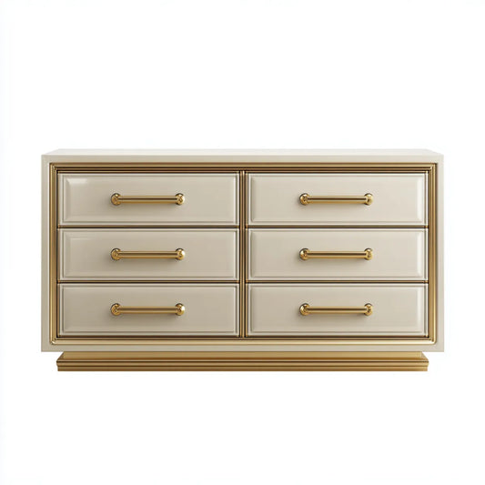 Komoda, Kommode 6 kremowe i złote szuflady w lakierowanych panelach MDF 150 x 45 x 85 cm prostokątne